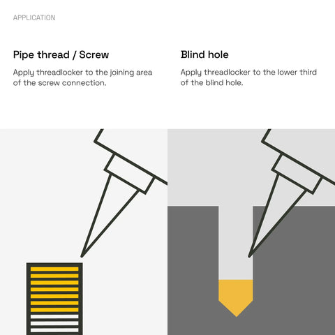 Illustration showing application of B577Eco Medium Strength Thread Sealant For Large Threads Works On All Metals 50ml on screw and blind hole.