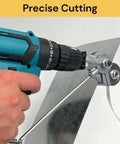 Heavy Duty Electric Drill Shears Attachment For Cutting Iron White Steel Copper And Aluminum Sheet Metal Nibbler Tool in use, cutting metal.