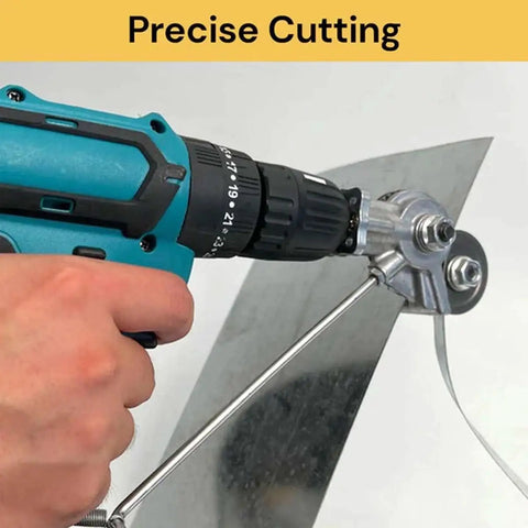 Heavy Duty Electric Drill Shears Attachment For Cutting Iron White Steel Copper And Aluminum Sheet Metal Nibbler Tool in use, cutting metal.