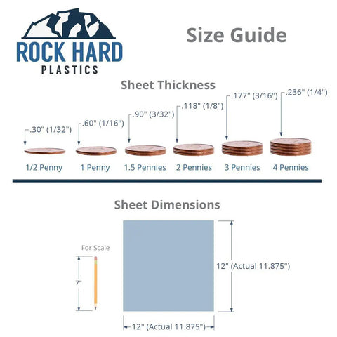 Size guide for White Acrylic Sheet 12x12 Inch 1/8 Inch Thick Plexiglass Panel with penny thickness comparison and dimensions.