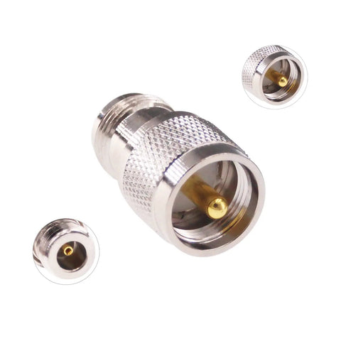 2 Pack UHF PL259 Male To N Type Female RF Coax Adapters 50 Ohm Copper Nickel Plated Connectors with zoomed detail views