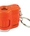 Compact Pocket Microscope Keychain with 20x Magnification and UV Light for Everyday Science On The Go Perfect for Students and Curious Kids A Handy Field Microscope for Insects Seeds Rocks and More. Orange plastic keychain microscope with lens and ring.