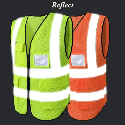 Hi Vis Mesh Safety Vest With Pockets And Zipper ANSI ISEA Compliant Breathable 100 Percent Polyester Reflective Strips Lightweight Work Vest For Construction Running Cycling