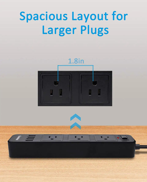 Two Prong Surge Protector Power Strip With Three AC Outlets And Four USB Ports Six Point Six Foot Non Grounded Extension Cord Auto