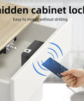 Bluetooth Drawer Lock For Cabinets With RFID And NFC, hidden magnetic lock shown inside a wooden cabinet with a card accessing it.