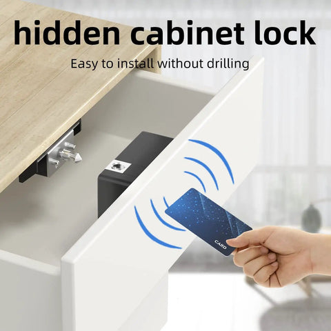 Bluetooth Drawer Lock For Cabinets With RFID And NFC, hidden magnetic lock shown inside a wooden cabinet with a card accessing it.