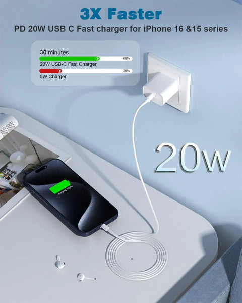 Fast USB C Charger 20W For iPhone 17 16 15 And iPad Pro Type C Wall Charger in use with black phone on a white surface