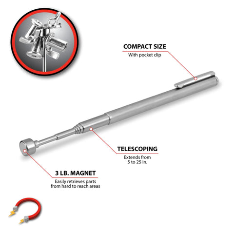 Magnetic Pick Up Tool With 3 Lb Pull And 25 Inch Extendable Reach, silver finish, shown extended with compact size and magnet highlights