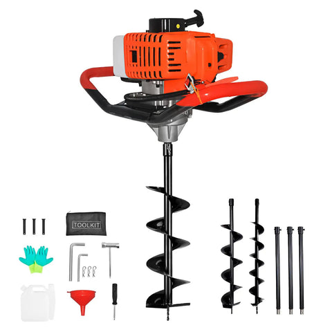 Gas Powered Post Hole Digger Workhorse With 3 Inch 6 Inch And 8 Inch Bits Plus 23 Inch Extension Poles and accessories