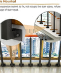 Close-up of adjustable flat bracket spindle post side mount railing column kit, showcasing black wrought iron finish and installation detail.
