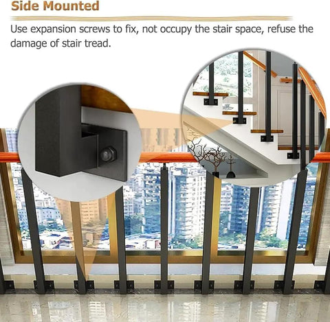 Close-up of adjustable flat bracket spindle post side mount railing column kit, showcasing black wrought iron finish and installation detail.
