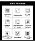 Main features of Premium WiFi Smart Door Lock including fingerprint, password, and USB emergency unlock options.