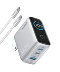 Powerful 100W GaN USB C Charger With 3 Ports And Real Time Smart Display For Quick Charge On Phones Tablets Laptops And More Great For Travel And Home Office Use With Real Time Power Readouts, silver charger with two USB-C cables
