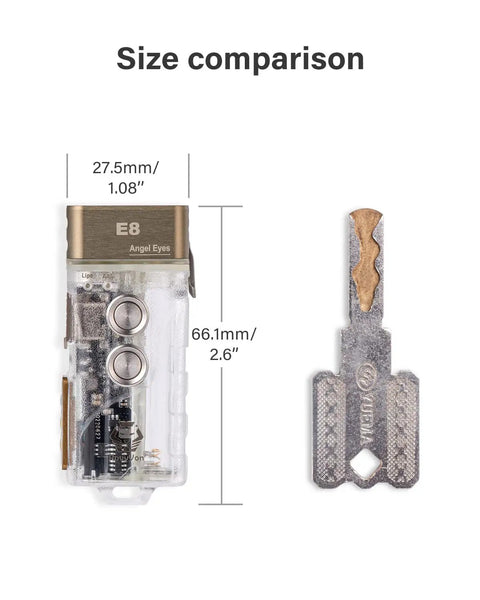 Size comparison of Angel Eyes E8 Keychain Flashlight 700 Lumens USB C Rechargeable beside a metal key, showing dimensions.