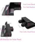 Drill Free Solar Panel Mounting Bracket Kit Seven Piece ABS For Roofs On RVs Caravans Boats Campers Sheds Garages And Boat Decks Black Easy DIY Install Corner Brackets showing size measurements of ABS brackets and gland housing.