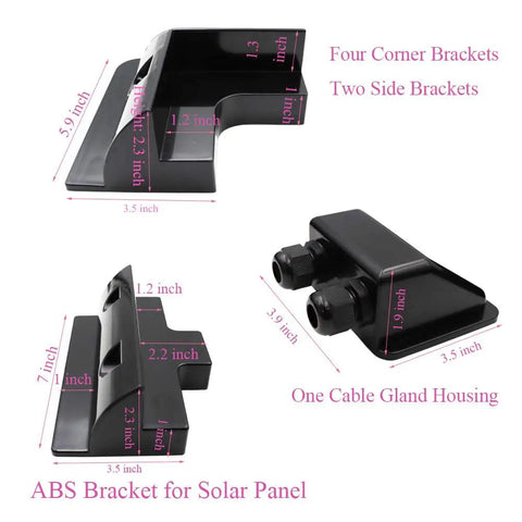 Drill Free Solar Panel Mounting Bracket Kit Seven Piece ABS For Roofs On RVs Caravans Boats Campers Sheds Garages And Boat Decks Black Easy DIY Install Corner Brackets showing size measurements of ABS brackets and gland housing.