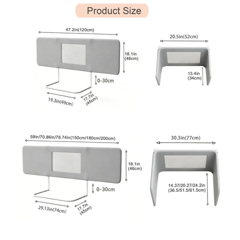 Portable Baby Bed Rail for Toddlers Foldable Travel Guard size dimensions and structure in U, L, I, and Trapezoid shapes.