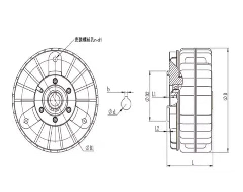 Technical diagram of Heavy Duty 5Kg 50Nm Hollow Shaft Magnetic Powder Brake With Housing Rotation Bore Type 24V, side and front view