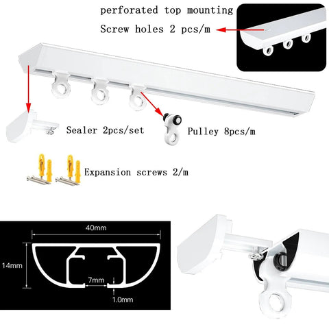 Ultra-thin ceiling mount curtain track system with pulleys, screws, and bracket details for seamless privacy and modern style.