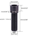 Badass Grade 5 Titanium M8 X 25mm Hex Bolts With Washers For Heavy Duty Bicycle Stem Replacement Hardware In Matte Black Finish showing dimensions.
