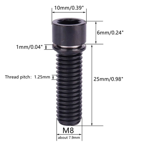 Badass Grade 5 Titanium M8 X 25mm Hex Bolts With Washers For Heavy Duty Bicycle Stem Replacement Hardware In Matte Black Finish showing dimensions.