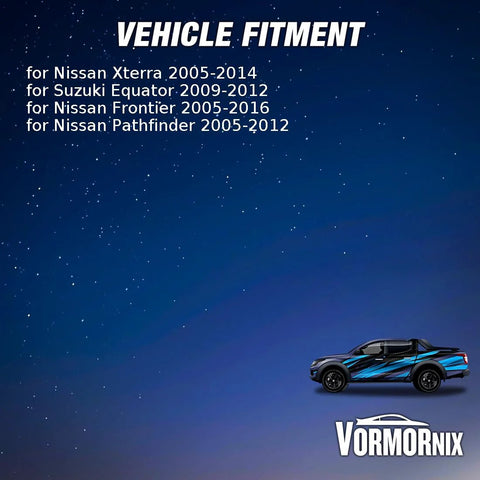 Front Wheel Bearing And Hub Assembly Fits Nissan Xterra Pathfinder Frontier 2005 To 2016 And Suzuki Equator 2009 2010 2011 2012 Front Wheel Hub Kit With ABS Sensor vehicle fitment chart with blue and black pickup illustration.