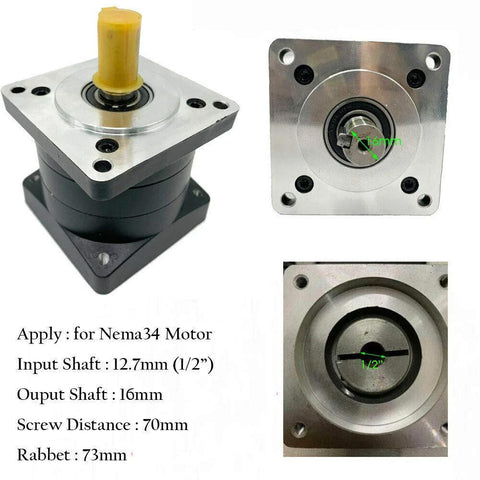 Planetary gearbox for Nema 34 stepper motor, aluminum body, 1/2in input shaft, square mounting flange.