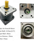 Beefy 10 To 1 Planetary Gearbox Reducer Nema 34 with one half inch input shaft and 16mm output shaft, 86mm flange, side view