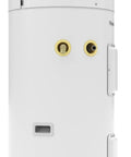 Top Rated 80 Gallon Electric Heat Pump Water Heater With Energy Star Efficiency And Fast Recovery, side view showcasing connections.