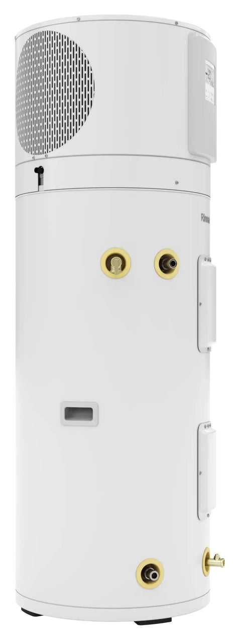 Top Rated 80 Gallon Electric Heat Pump Water Heater With Energy Star Efficiency And Fast Recovery, side view showcasing connections.