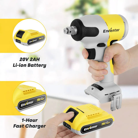 Cordless Brushless Impact Wrench Half Inch Drive With 300 Nm Max Torque 3000 IPM Two Speed 20V Battery and Fast Charger