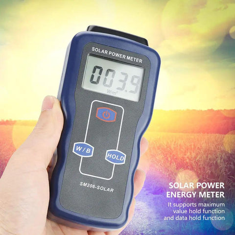 Hand holding High Precision Solar Radiation Meter With Large LCD Display For Field Or Lab Use, Easy Sunlight Power Tester.
