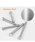 50 Pack M5 Hex Bolts Stainless Steel 304 Set With Bright Finish For Rust Proof Heavy Duty Fastening In Various Lengths From 1 To 2 Inches featuring hex heads and full threads.