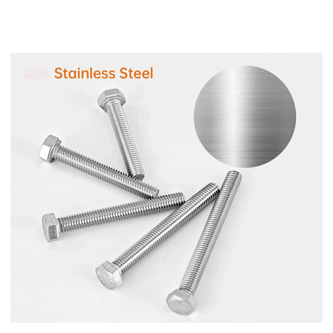 50 Pack M5 Hex Bolts Stainless Steel 304 Set With Bright Finish For Rust Proof Heavy Duty Fastening In Various Lengths From 1 To 2 Inches featuring hex heads and full threads.