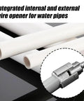 Integrated internal and external pipe threader for 1/2 and 3/4 inch PVC, compatible with electric drills.