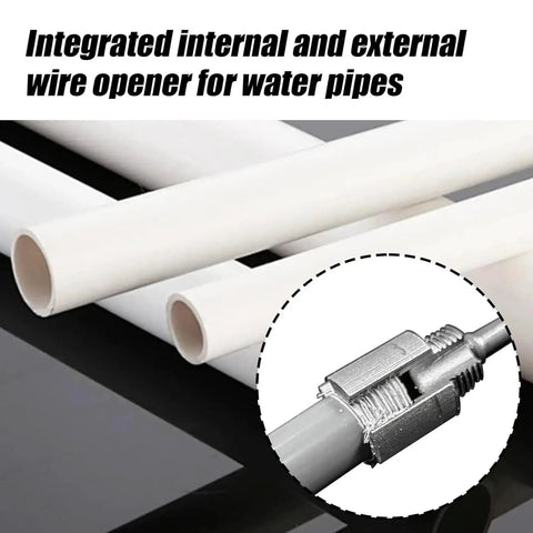 Integrated internal and external pipe threader for 1/2 and 3/4 inch PVC, compatible with electric drills.