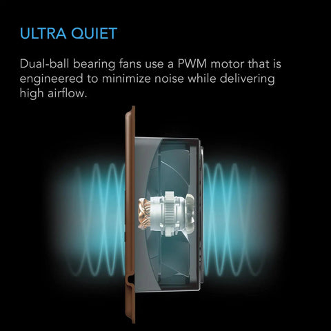 Cross-section view of Airtap T6 Bronze Register Booster Fan for 6x10 Duct Openings, showing quiet PWM motor design and airflow