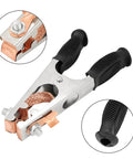 Heavy Duty 500 Amp Welding Ground Clamp With Braided Copper And Rubber Grip, Beefy Bite For Arc And Manual Welders, 7.9 X 3.5 X 1.2 Inch Ground Clamp, shown with braided copper wire and black rubber handles.