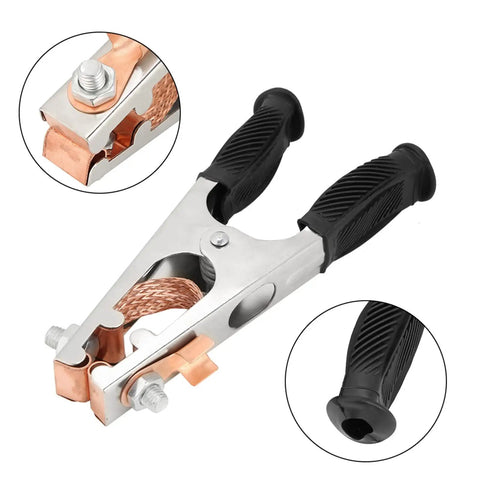Solid US Style 500A Ground Clamp Welding Earth Clip With High Conductivity Copper Build And Electroplated Finish For Durable Manual Welder Jobs That Really Hold Up, showing grip and copper connection.
