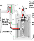Diagram of Big League 48 Amp EV Charger wiring on 240V circuits with energy management and current monitoring components.