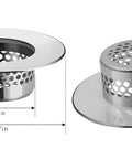 Stainless Steel Hair Strainer Universal Drain Catcher For Bathroom Sinks Bathtub And Laundry Tub Clog Blocker showing measurements and design.