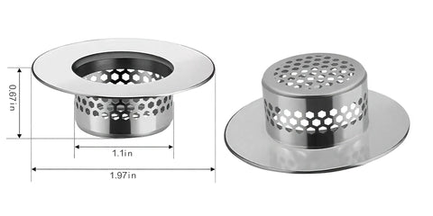 Stainless Steel Hair Strainer Universal Drain Catcher For Bathroom Sinks Bathtub And Laundry Tub Clog Blocker showing measurements and design.