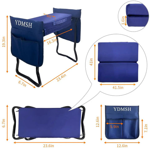 Heavy Duty Garden Kneeler And Seat Extra Wide Bench for Kneeling and Sitting, foldable stool with thick foam cushions, dimensions visible