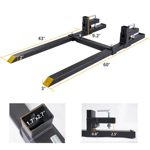 Clamp-On Pallet Forks For Skid Steers, 60 Inch, 2000 Lbs Capacity with adjustable stabilizer bar, durable steel frame detail view.