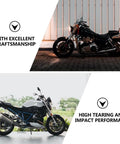 Mobestech motorcycle hub nut tool banner; split image shows a black bike above and a white bike below with geometric panels.