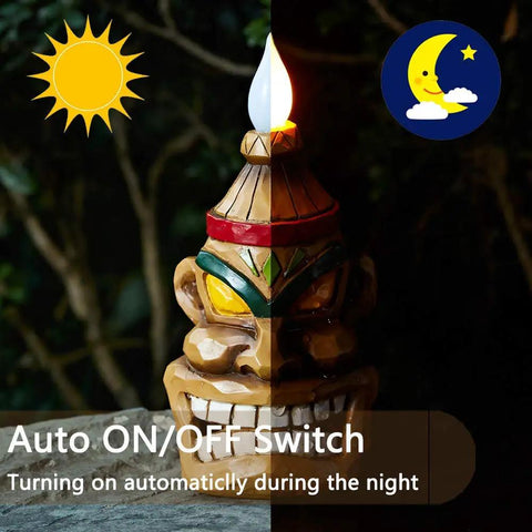 Outdoor Solar Tiki Head Statue With Dancing Flame Glow for garden yard patio tiki bar style torch light figurine, lit
