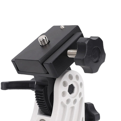 Close-up of green and white Latitude Adjustment Base for Sky Watcher Star Adventurer, 0 to 90 degree tilt and 3/8 inch mount knob.