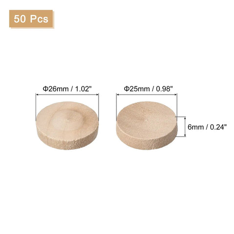 Flat Head Wood Plugs 1 Inch Set With 50 Pieces Wooden Button Screw Plugs For Diy Furniture Tables And Chairs Screw Hole Covers Unfinished Wood You Can Paint Or Stain, showing two round plugs with dimensions.