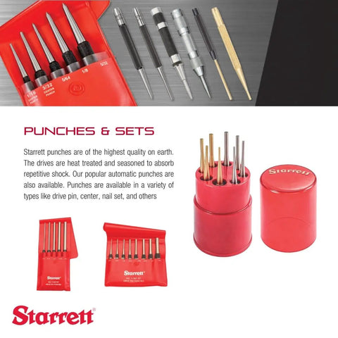 Extra Long Drive Pin Punch Set With Knurled Grip And Protective Vinyl Case 8 Inch Length 1/8 3/16 1/4 5/16 3/8 Inch Diameters Heavy Duty Hardened Steel Set Of Five displayed in a red vinyl case next to other punch sets.