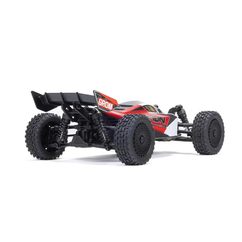 Rear view of GROM 4x4 Smart Small Scale RC Buggy RTR With Battery And Smart Charger Red White High Traction All Terrain Electric RC Car